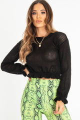 Black Open Knit Ruffle Hem Crop Jumper - Carrie-Crop Jumper