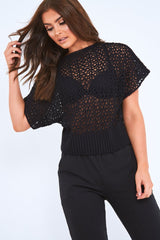Black Open Knit Short Sleeve Top - Elene-Tops
