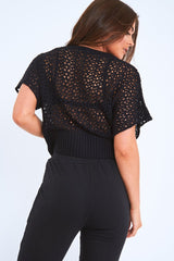 Black Open Knit Short Sleeve Top - Elene-Tops
