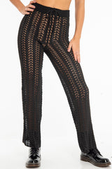 Black Open Knit Tie Waist Flared Trousers - Nadine-Trousers
