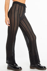 Black Open Knit Tie Waist Flared Trousers - Nadine-Trousers