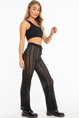 Black Open Knit Tie Waist Flared Trousers - Nadine-Trousers