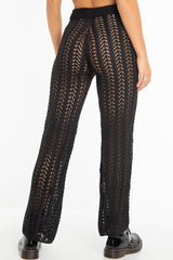 Black Open Knit Tie Waist Flared Trousers - Nadine-Trousers