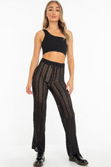 Black Open Knit Tie Waist Flared Trousers - Nadine-Trousers