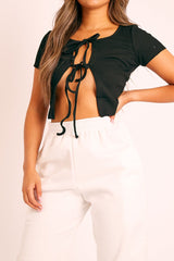 Black Open Tie Front Crop Top - Ozella-Tops