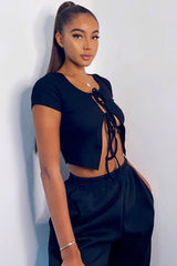 Black Open Tie Front Crop Top - Ozella-Tops