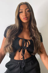 Black Open Tie Front Crop Top - Ozella-Tops