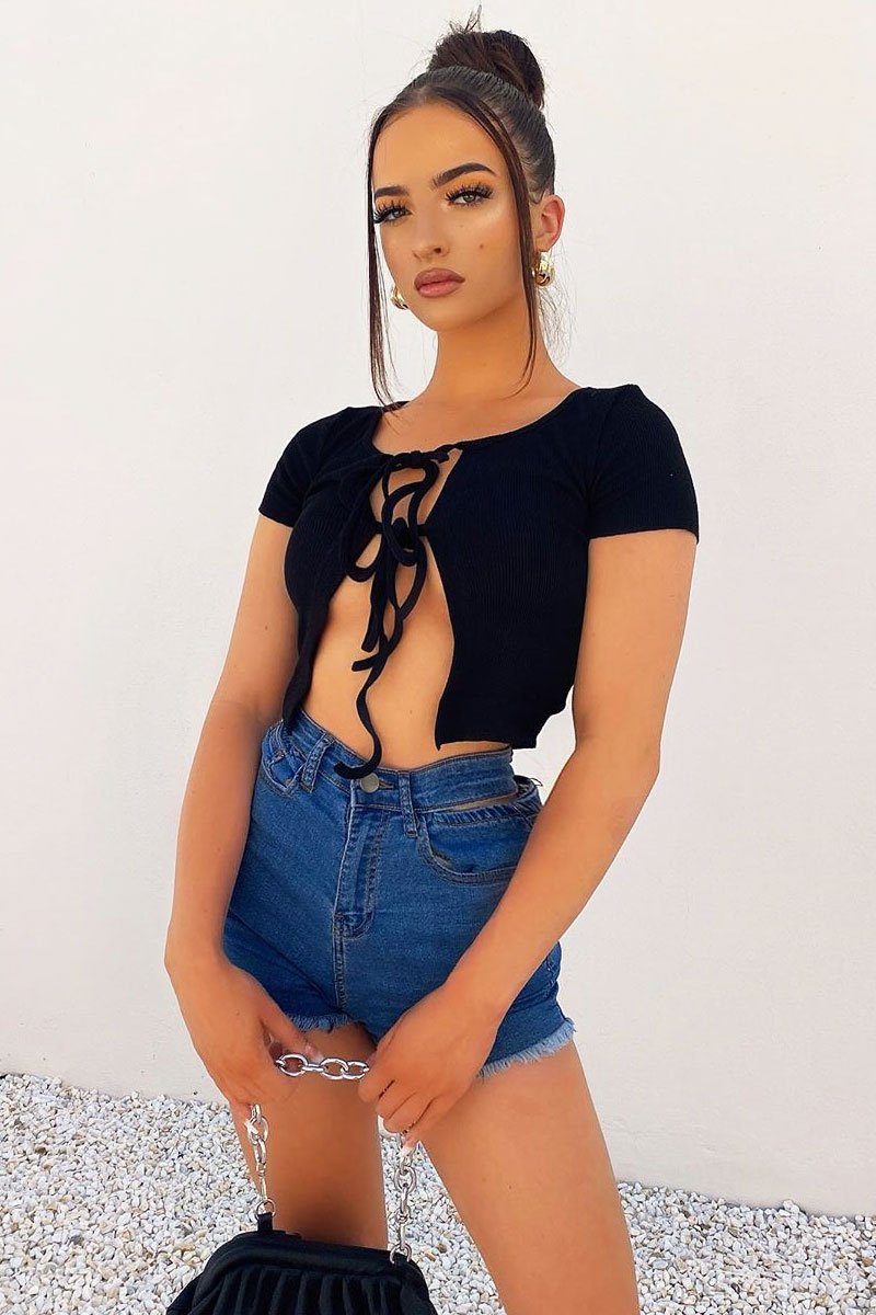 Black Open Tie Front Crop Top - Ozella-Tops
