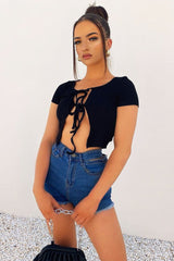 Black Open Tie Front Crop Top - Ozella-Tops