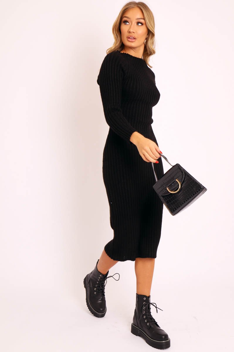 midi dress with footwear Black Open Twist Back Knit Midi Dress