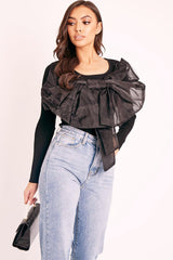 Black Organza Bow Front Ribbed Top - Fergie-Tops