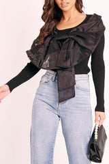 Black Organza Bow Front Ribbed Top - Fergie-Tops