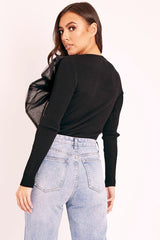 Black Organza Bow Front Ribbed Top - Fergie-Tops