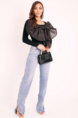 Black Organza Bow Front Ribbed Top - Fergie-Tops