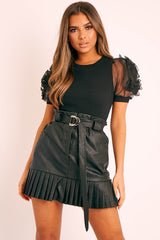 Black Organza Flower Puff Sleeve Ribbed Top - Lalani-Tops