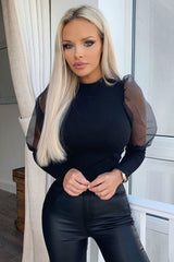 Black Organza Half Puff Sleeve Top - Isla-Tops