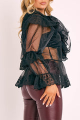 Black Organza Oversized Floral Lace Shirt - Jeana-Shirts