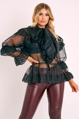 Black Organza Oversized Floral Lace Shirt - Jeana-Shirts