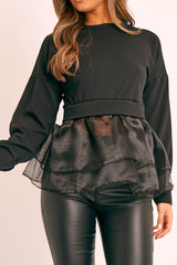 Black Organza Peplum Hem Top - Juliette-Tops