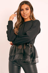 Black Organza Peplum Hem Top - Juliette-Tops