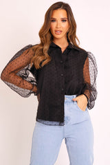 Black Organza Polka Long Sleeve Shirt - Parrie-Shirts
