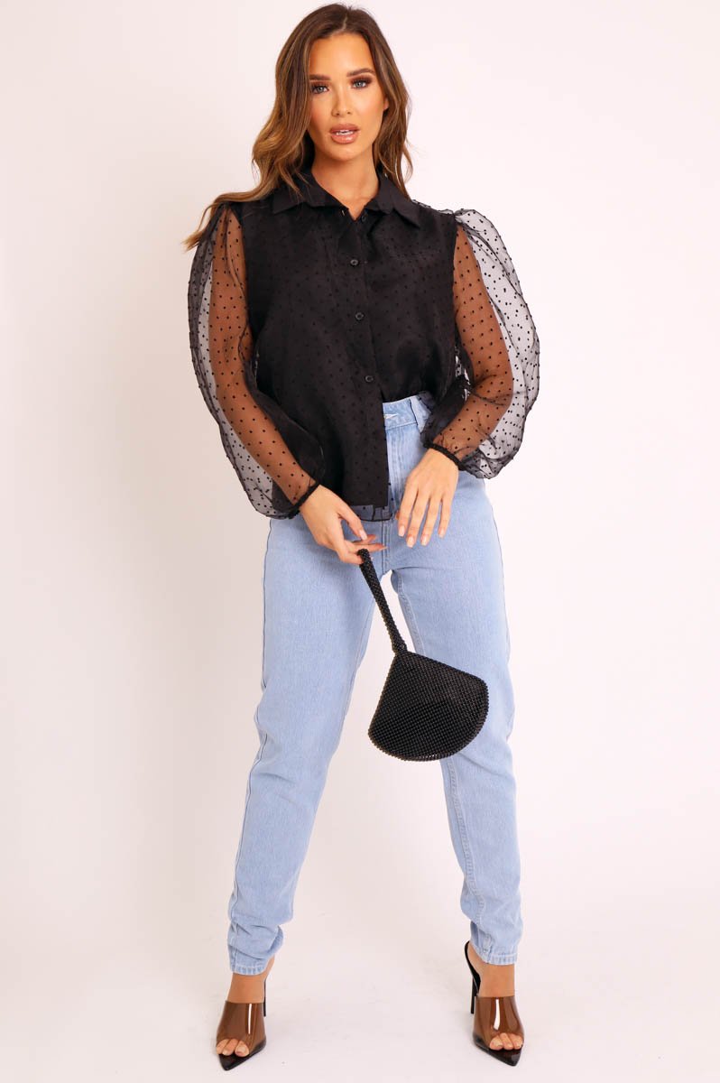 Black Organza Polka Long Sleeve Shirt - Parrie-Shirts