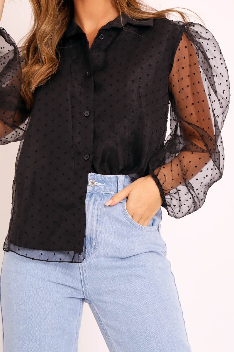 Black Organza Polka Long Sleeve Shirt - Parrie-Shirts