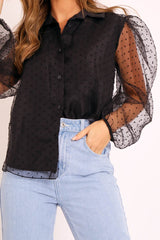 Black Organza Polka Long Sleeve Shirt - Parrie-Shirts