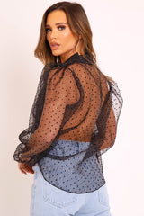 Black Organza Polka Long Sleeve Shirt - Parrie-Shirts