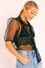 Black Organza Polka Short Sleeve Shirt - Gracelynn-Tops