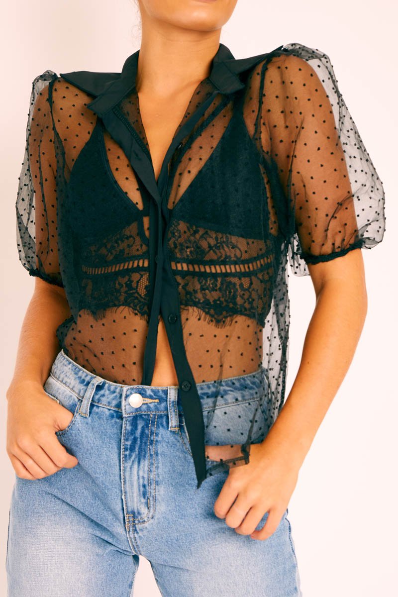 Black Organza Polka Short Sleeve Shirt - Gracelynn-Tops