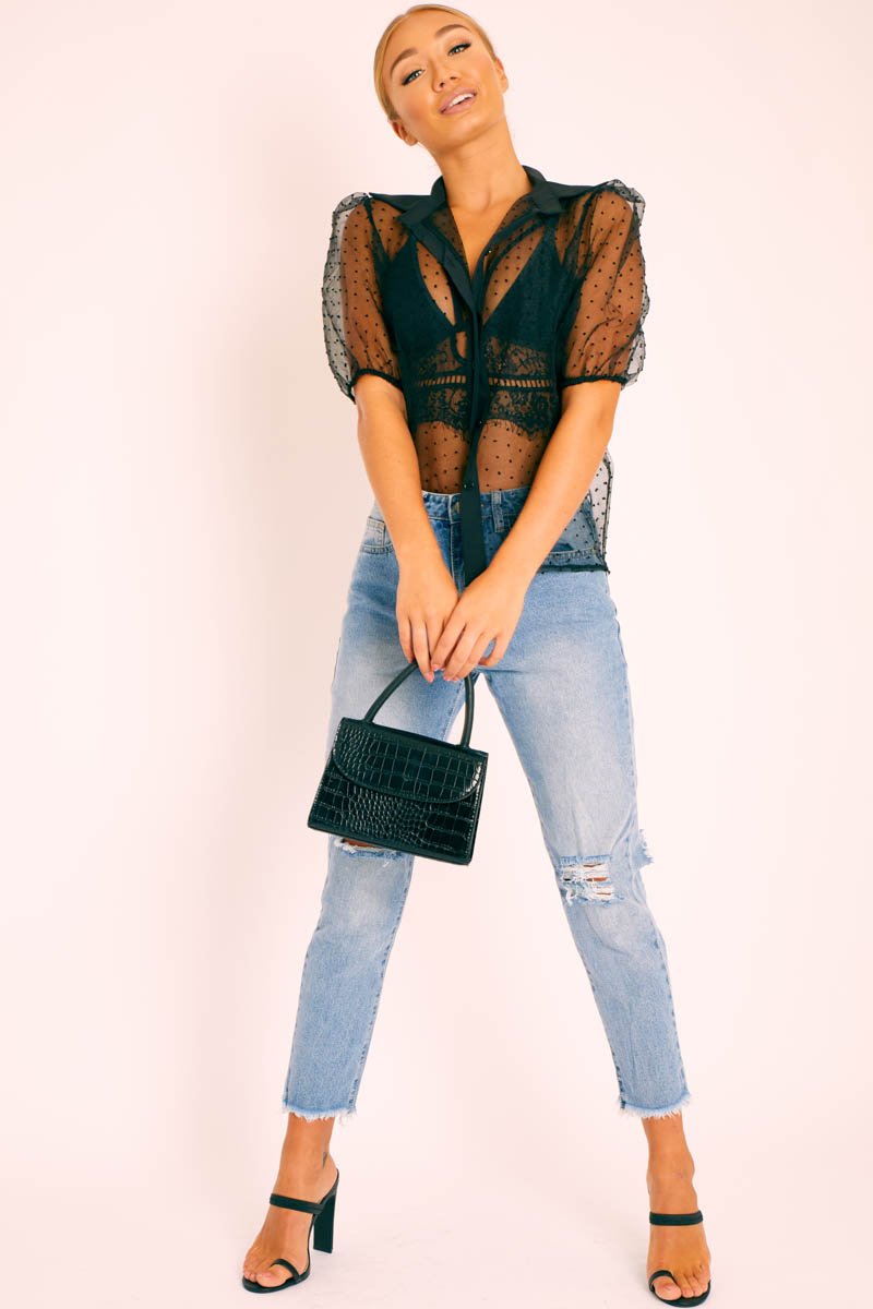 Black Organza Polka Short Sleeve Shirt - Gracelynn-Tops