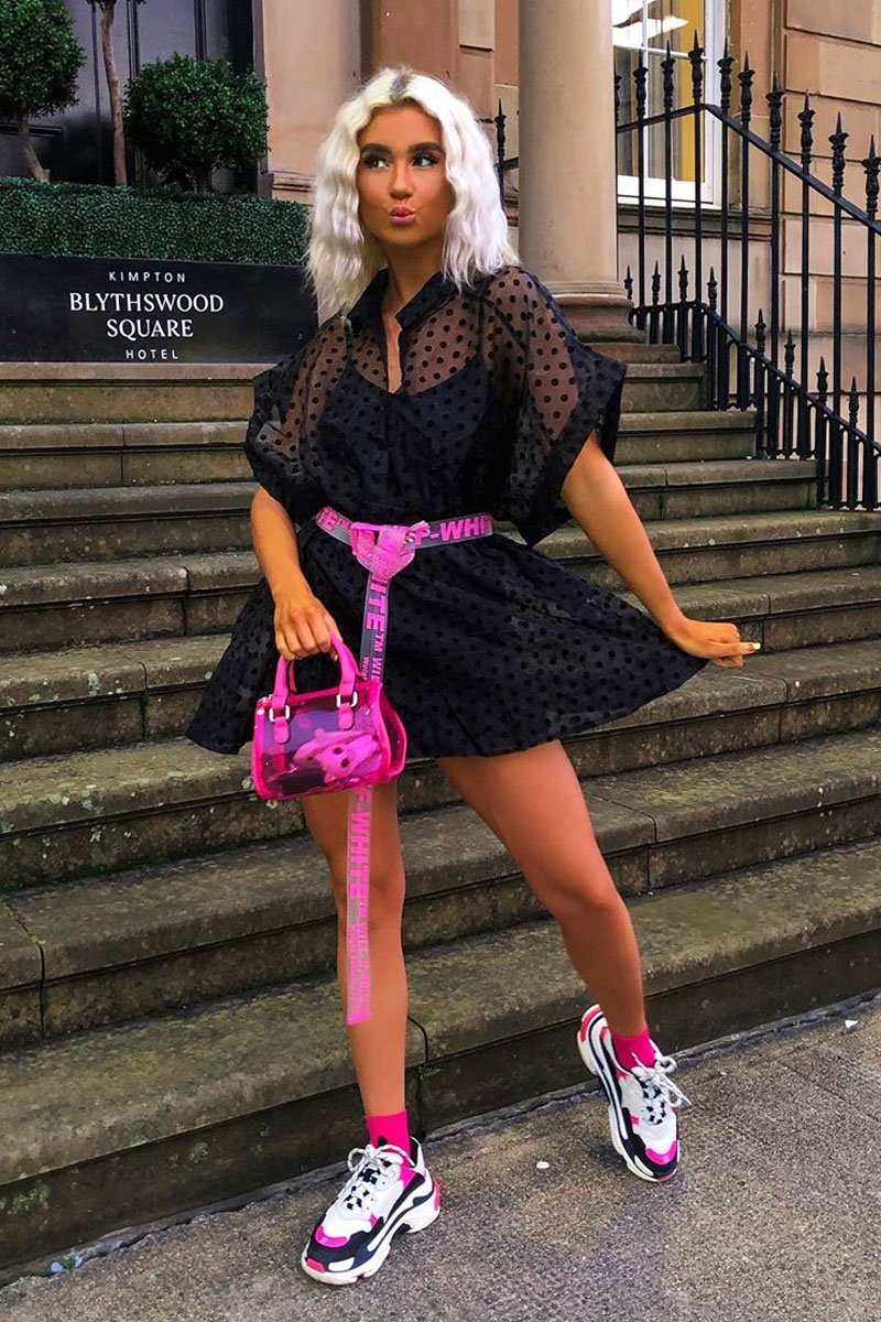 Black Organza Polka Slip Insert Shirt Dress - Nathalia-Dresses