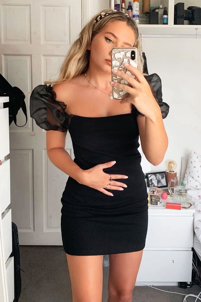 Black Organza Puff Sleeve Mini Dress - Dalena-Dresses