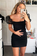 Black Organza Puff Sleeve Mini Dress - Dalena-Dresses