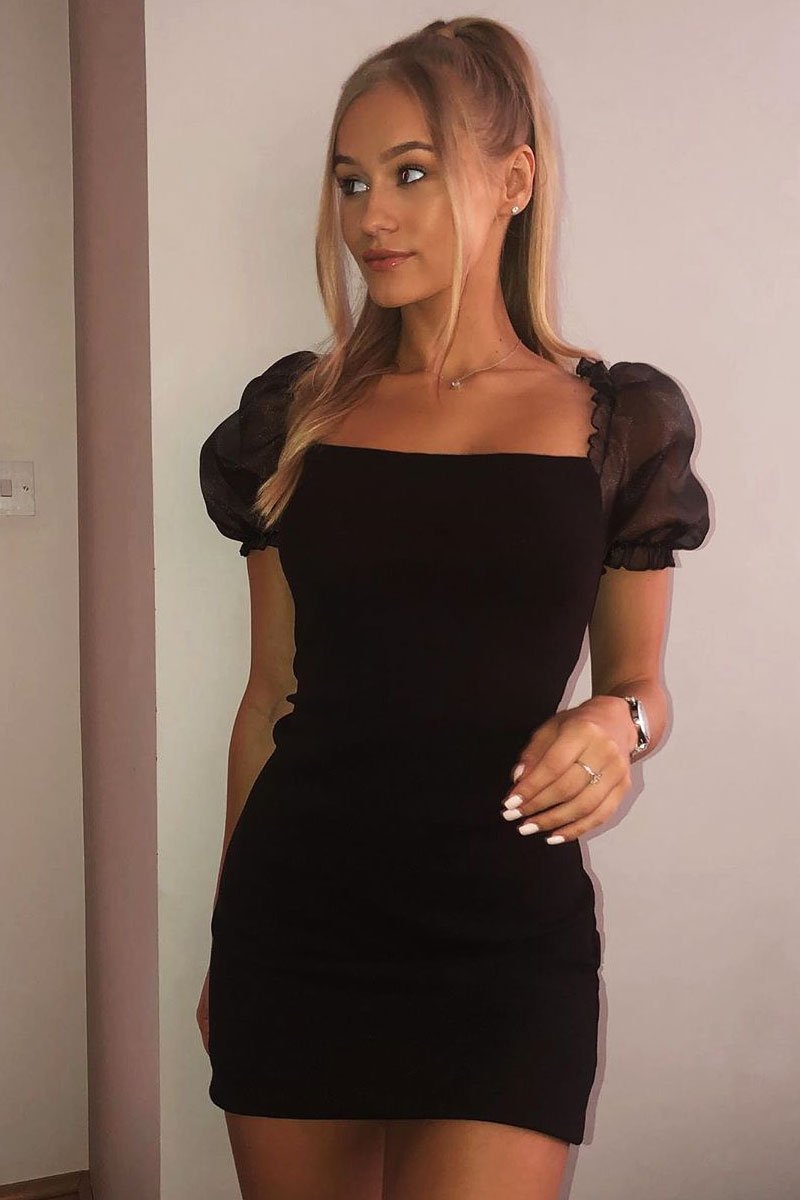 Black Organza Puff Sleeve Mini Dress - Dalena-Dresses