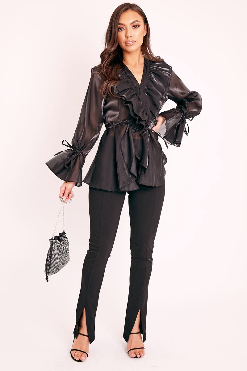 Black Organza Ruffle Wrap Blouse - Gabrielle-Blouse