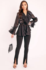 Black Organza Ruffle Wrap Blouse - Gabrielle-Blouse