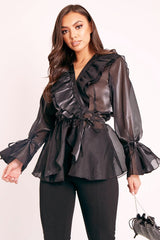 Black Organza Ruffle Wrap Blouse - Gabrielle-Blouse