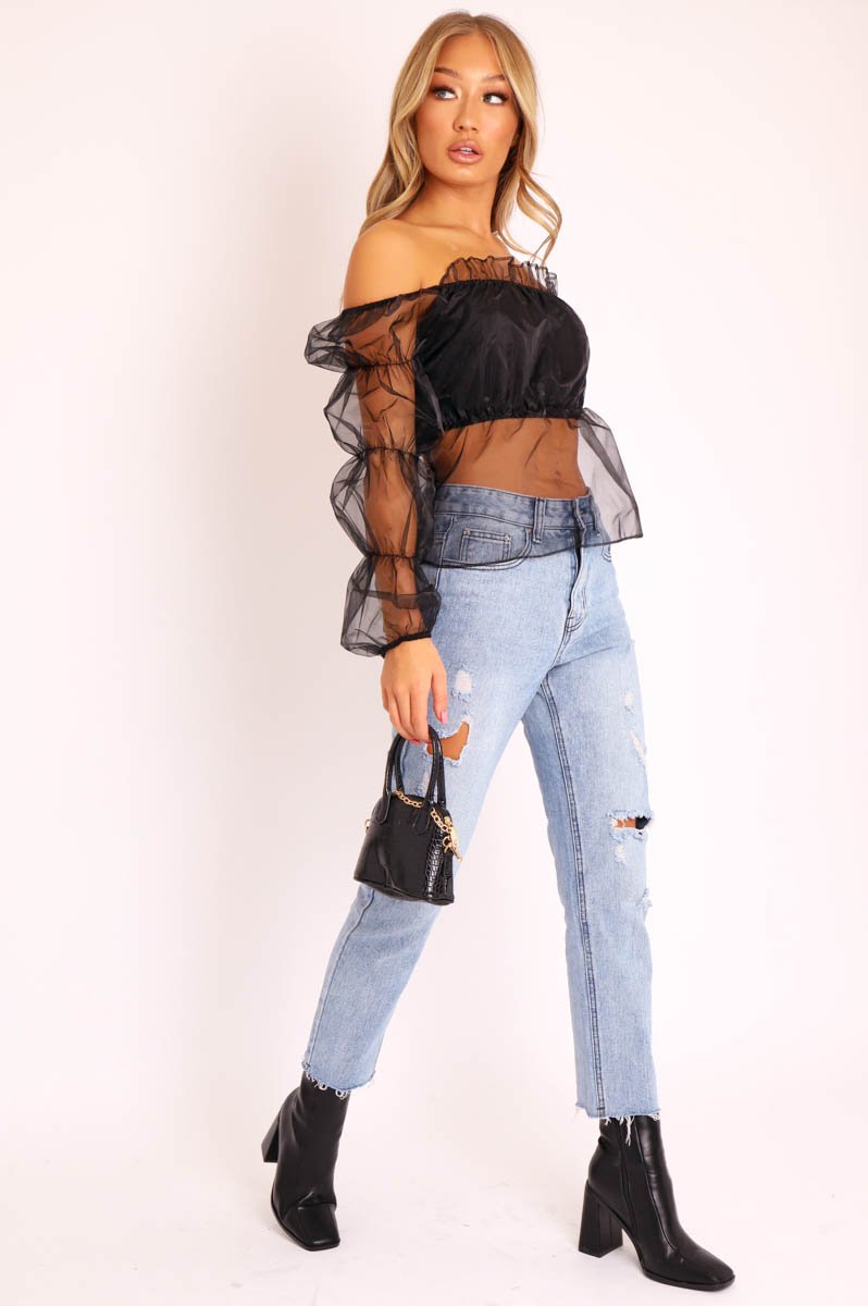 Black Organza Square Neck Puff Sleeve Top - Inza-Tops