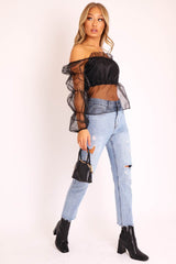 Black Organza Square Neck Puff Sleeve Top - Inza-Tops