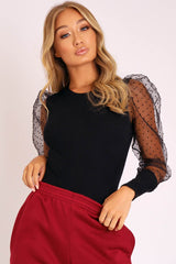 Black Organza Swiss Dot Sleeve Ribbed Bodysuit - Tamie-Bodysuits