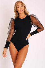 Black Organza Swiss Dot Sleeve Ribbed Bodysuit - Tamie-Bodysuits