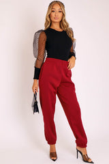 Black Organza Swiss Dot Sleeve Ribbed Bodysuit - Tamie-Bodysuits