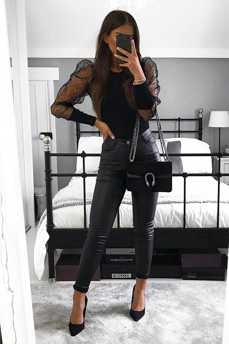 Black Organza Swiss Dot Sleeve Ribbed Bodysuit - Tamie-Bodysuits