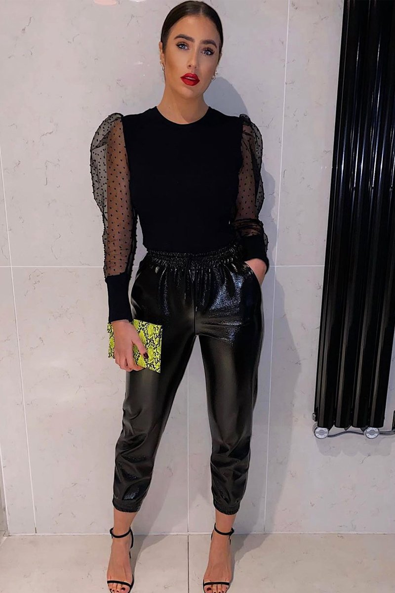 Black Organza Swiss Dot Sleeve Ribbed Bodysuit - Tamie-Bodysuits