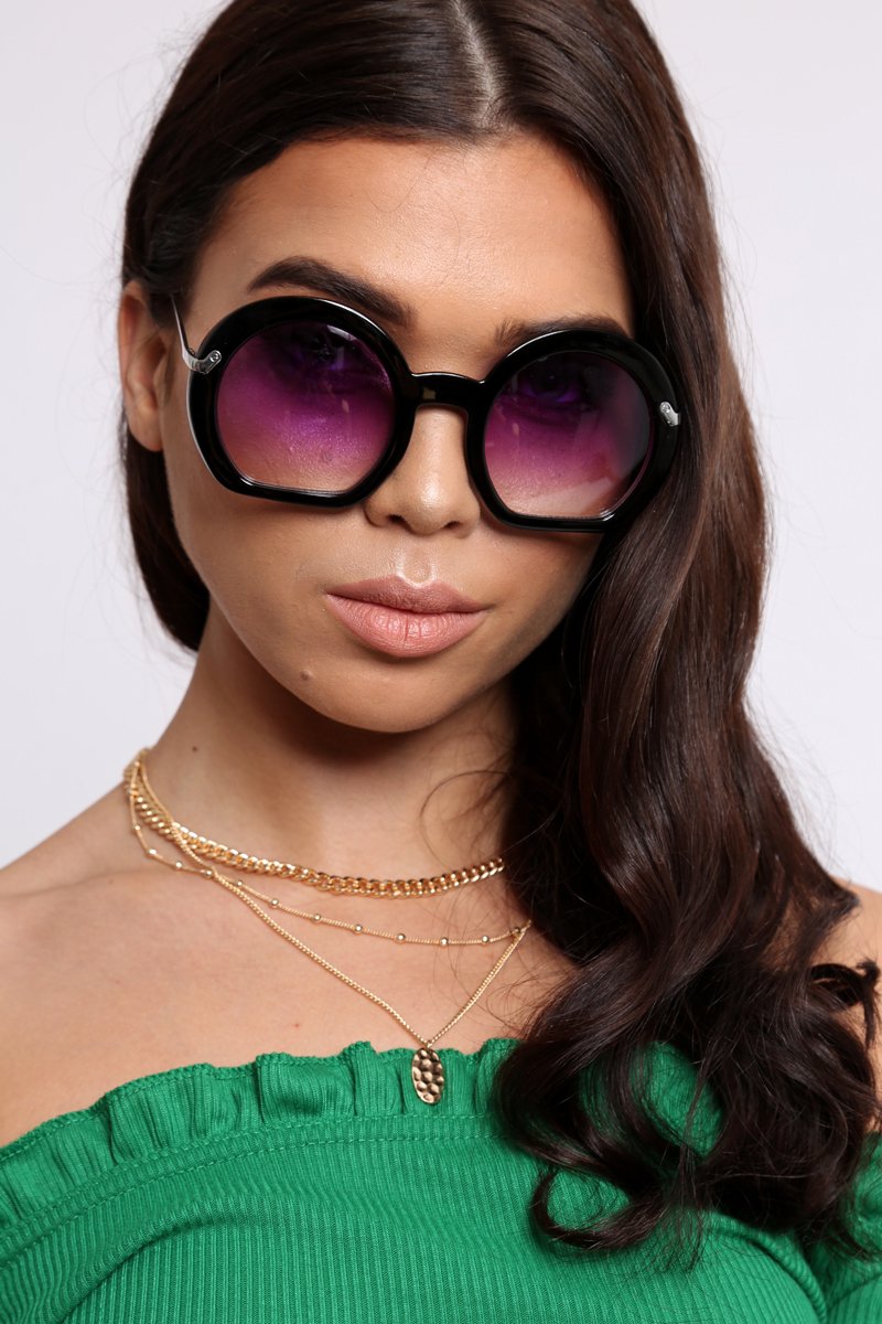 Black Oval Oversized Thick Frame Sunglasses - Leya-Sunglasses