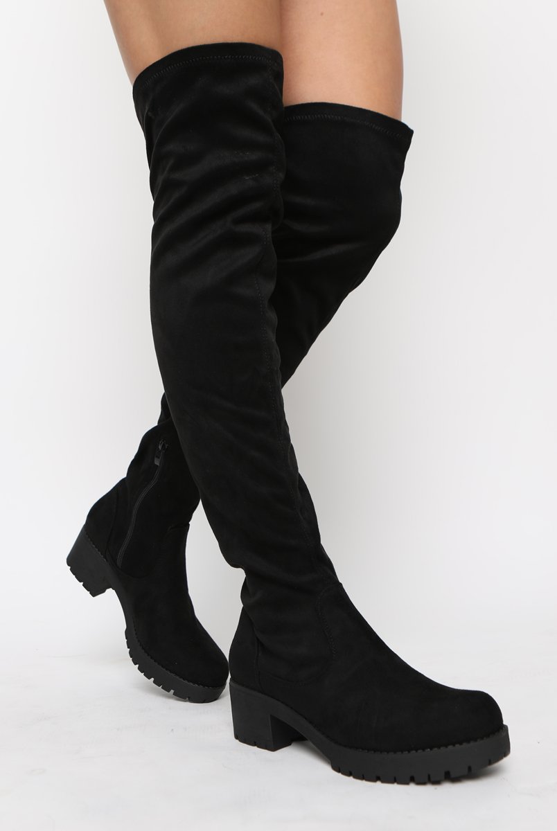 Black Over The Knee Suede Boots - Nelly-Boots
