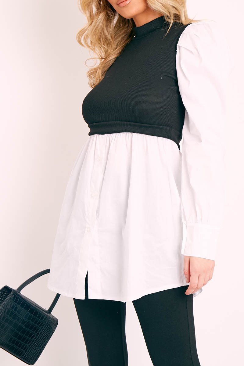 Black Overlay Puff Sleeve White Shirt Dress - Olah Rebellious Fashion Black Overlay Puff Sleeve White Shirt Dress - Olah Rebellious Fashion