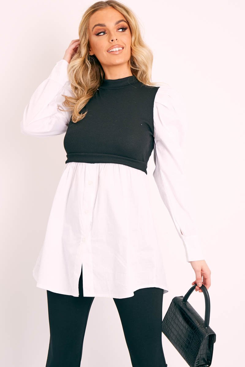 Black Overlay Detail Puff Sleeve White Shirt Dress - Olah-Shirts